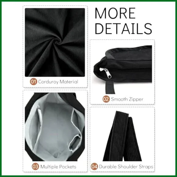 Corduroy Tote Bag Large Capacity Hobo Shoulder Bag Zipper Vintage Casual - Picture 6 of 7